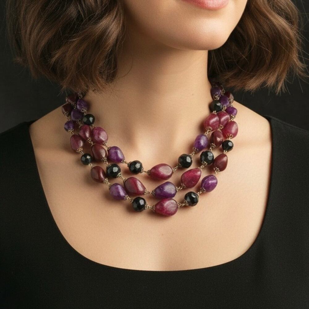 Vintage 3 Strand Purple Pink Beaded Choker 90s